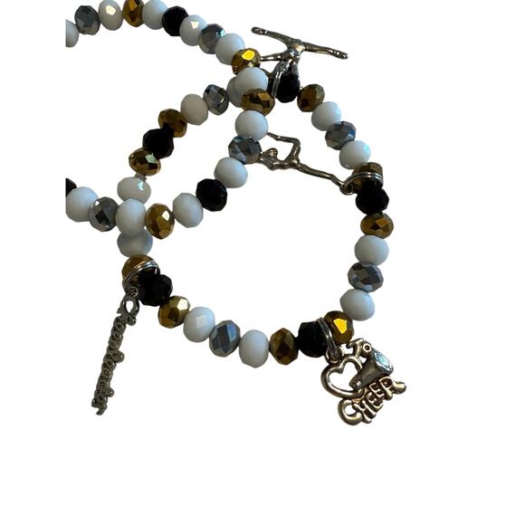 Set of 2 New White Gold Black Silver Cheer Cheerleading Beaded Bracelet - Picture 1 of 3